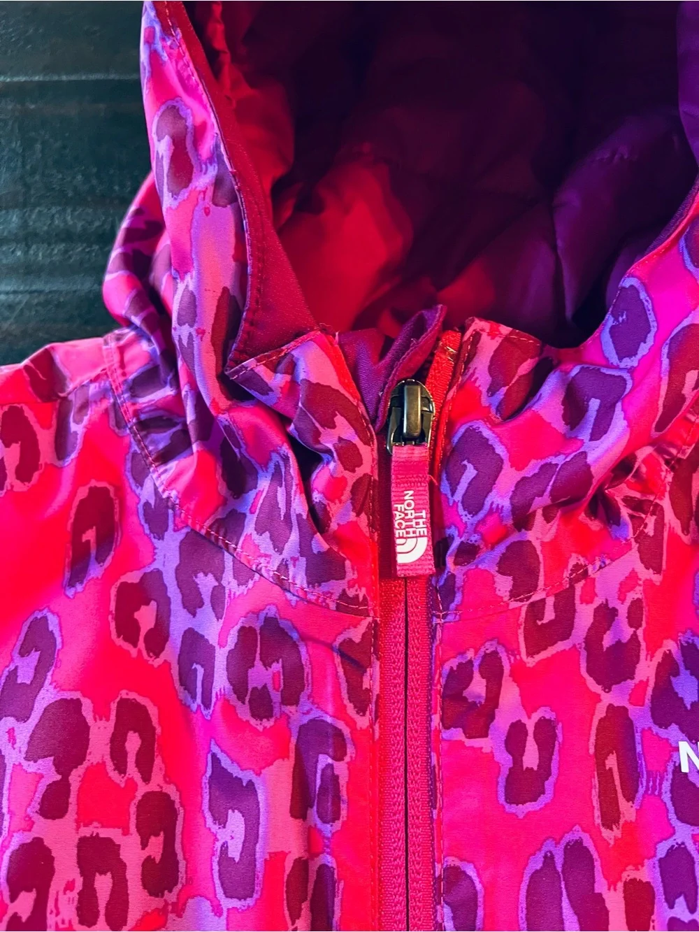 The North Face Girls Pink Leopard Print Hooded Winter Jacket 3T
